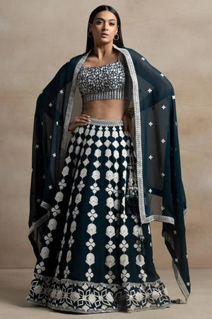 Green Thread Work Georgette Lehenga