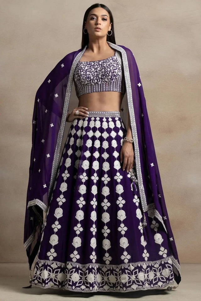 Violet Thread Work Georgette Lehenga
