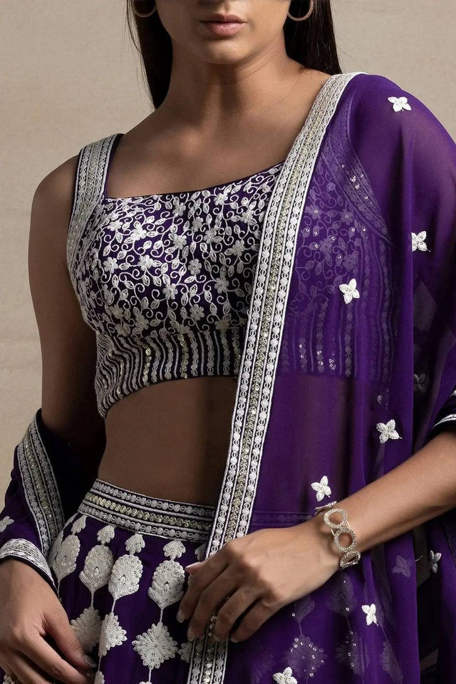 Violet Thread Work Georgette Lehenga