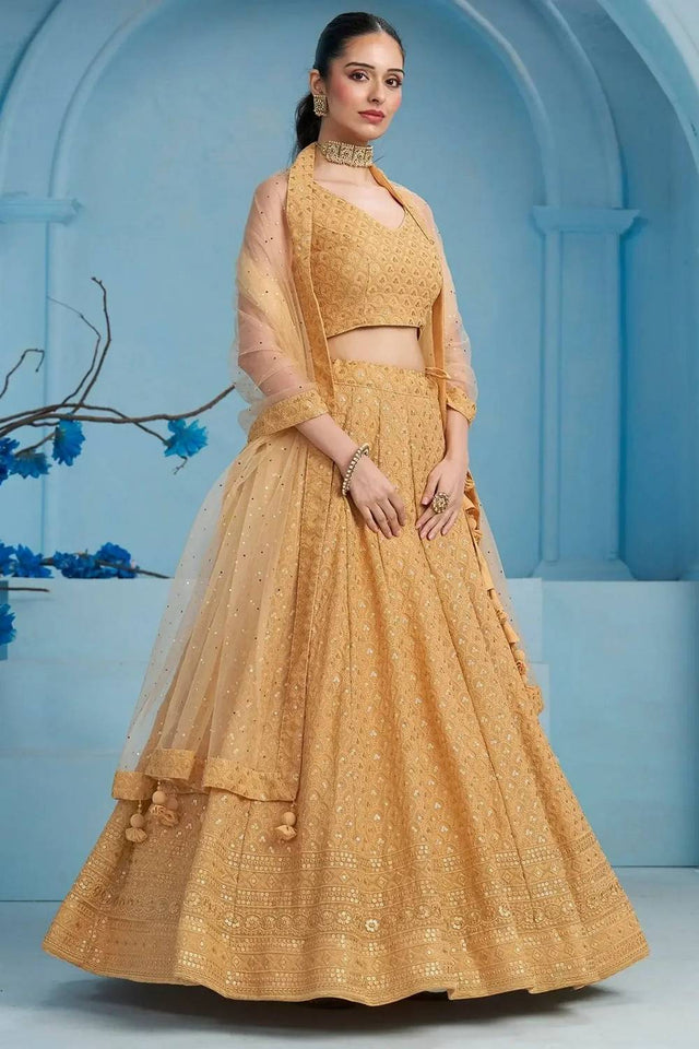 Beige Sequin With Embroidered Georgette Lehenga