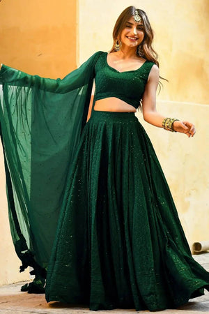 Green Sequin With Embroidered Georgette Lehenga