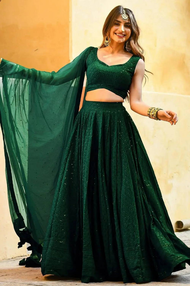 Green Sequin With Embroidered Georgette Lehenga