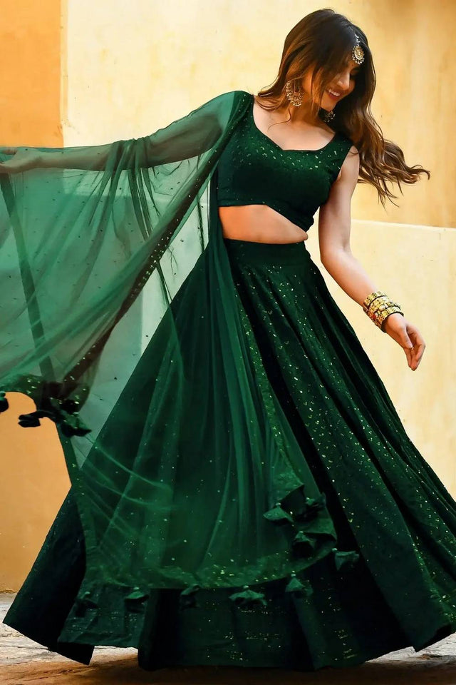 Green Sequin With Embroidered Georgette Lehenga