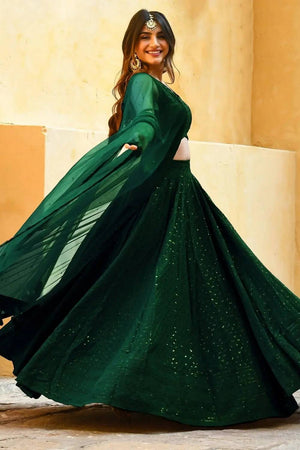 Green Sequin With Embroidered Georgette Lehenga
