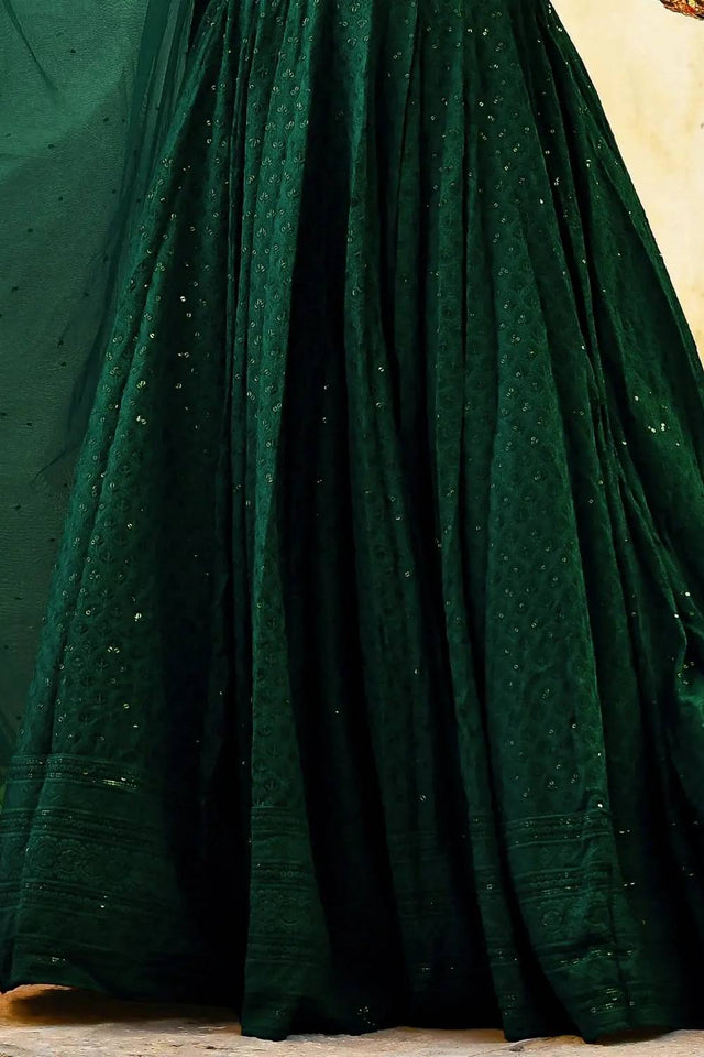 Green Sequin With Embroidered Georgette Lehenga