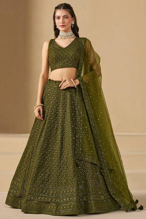Green Sequin With Embroidered Georgette Lehenga