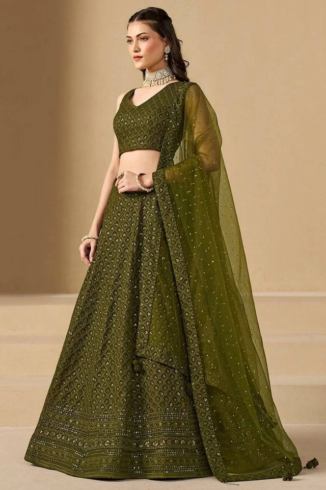Green Sequin With Embroidered Georgette Lehenga