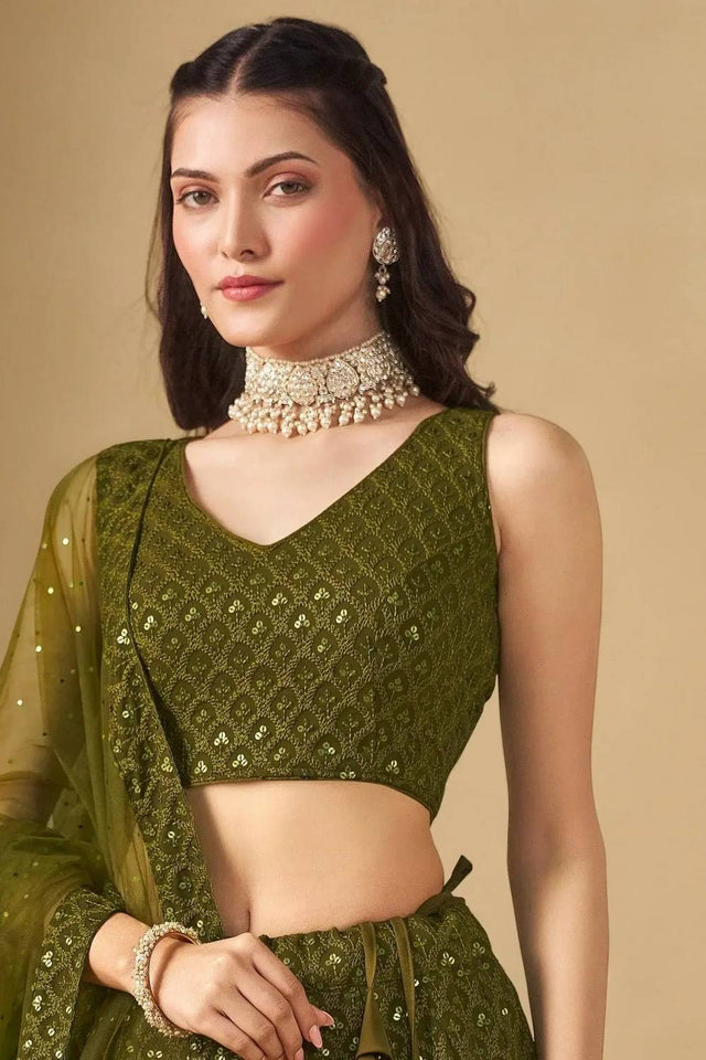 Green Sequin With Embroidered Georgette Lehenga