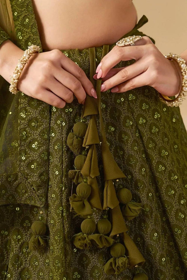 Green Sequin With Embroidered Georgette Lehenga