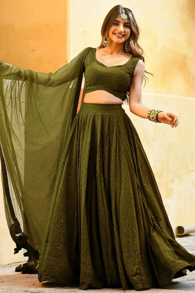 Green Sequin With Embroidered Georgette Lehenga