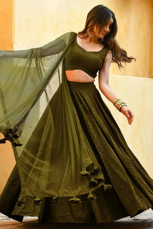 Green Sequin With Embroidered Georgette Lehenga