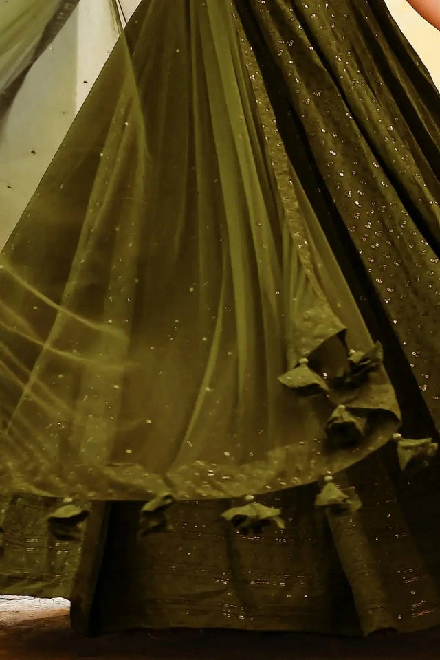 Green Sequin With Embroidered Georgette Lehenga