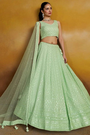 Green Sequin With Embroidered Georgette Lehenga