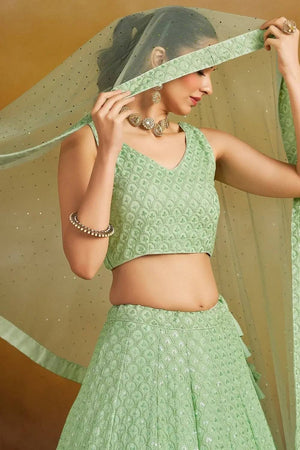 Green Sequin With Embroidered Georgette Lehenga