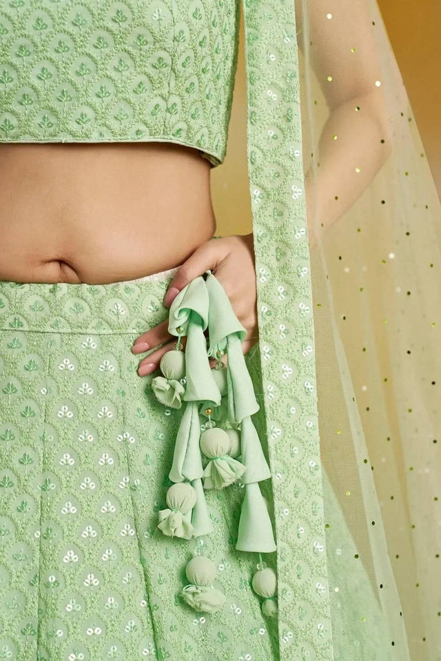 Green Sequin With Embroidered Georgette Lehenga