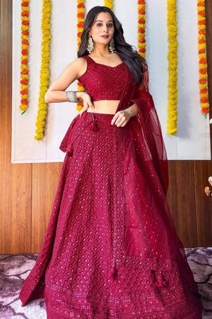 Maroon Sequin With Embroidered Georgette Lehenga