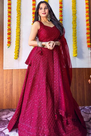 Maroon Sequin With Embroidered Georgette Lehenga