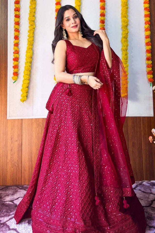 Maroon Sequin With Embroidered Georgette Lehenga
