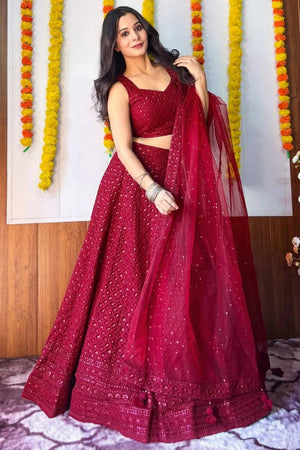 Maroon Sequin With Embroidered Georgette Lehenga