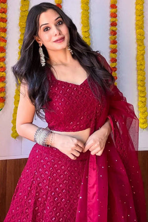 Maroon Sequin With Embroidered Georgette Lehenga
