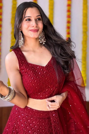 Maroon Sequin With Embroidered Georgette Lehenga