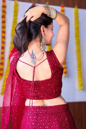 Maroon Sequin With Embroidered Georgette Lehenga