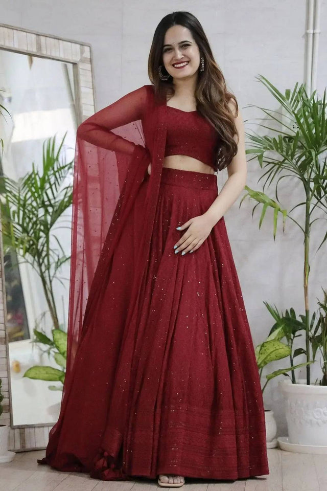 Maroon Sequin With Embroidered Georgette Lehenga
