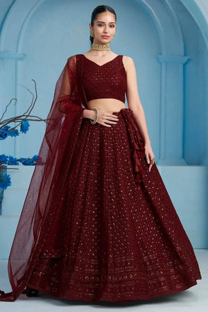 Maroon Sequin With Embroidered Georgette Lehenga
