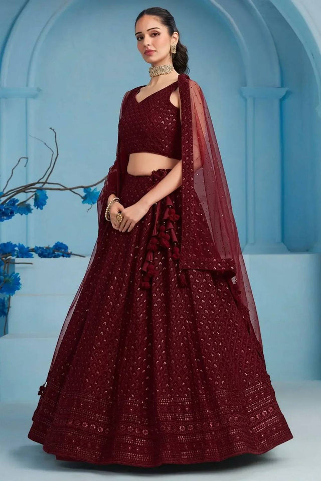 Maroon Sequin With Embroidered Georgette Lehenga