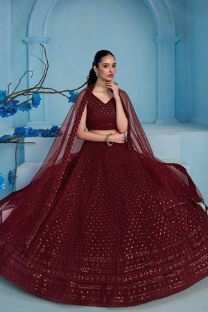 Maroon Sequin With Embroidered Georgette Lehenga