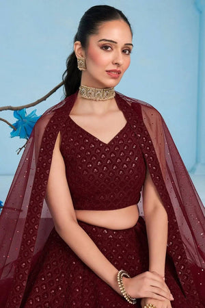 Maroon Sequin With Embroidered Georgette Lehenga