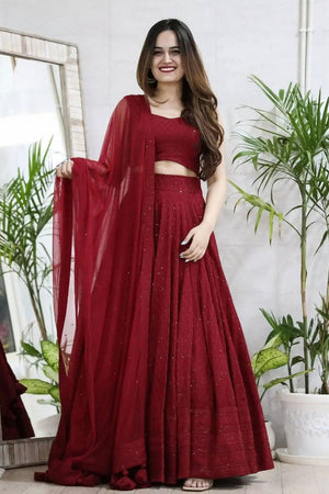 Maroon Sequin With Embroidered Georgette Lehenga