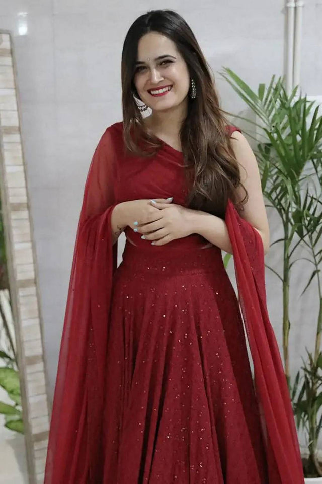Maroon Sequin With Embroidered Georgette Lehenga