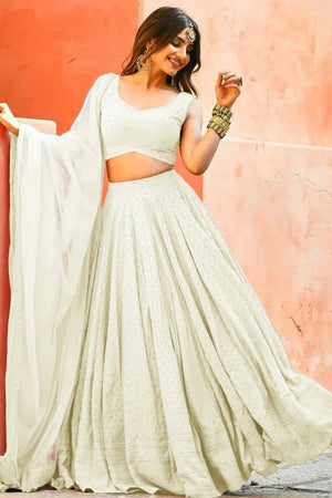Off White Sequin With Embroidered Georgette Lehenga
