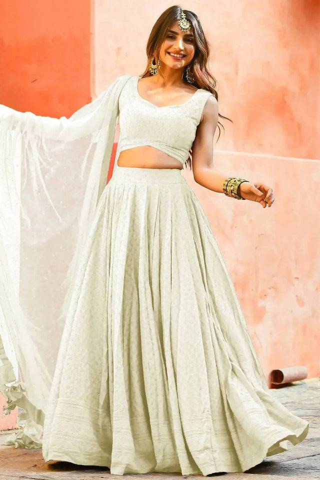 Off White Sequin With Embroidered Georgette Lehenga