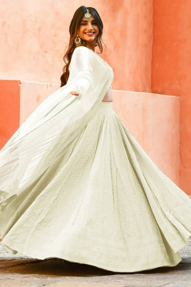 Off White Sequin With Embroidered Georgette Lehenga