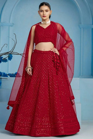 Red Sequin With Embroidered Georgette Lehenga