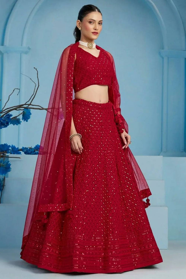 Red Sequin With Embroidered Georgette Lehenga