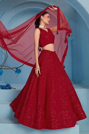 Red Sequin With Embroidered Georgette Lehenga