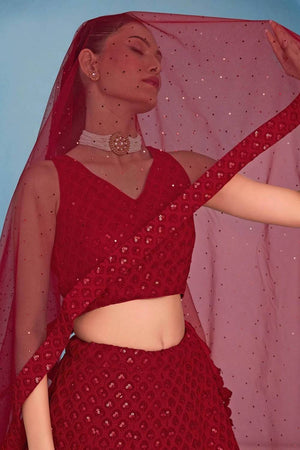 Red Sequin With Embroidered Georgette Lehenga