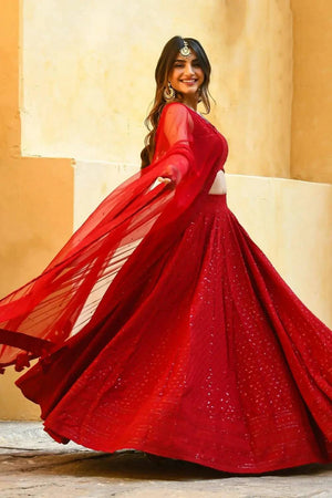 Red Sequin With Embroidered Georgette Lehenga