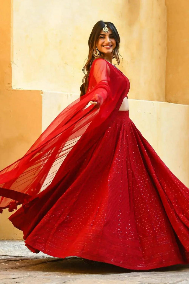 Red Sequin With Embroidered Georgette Lehenga