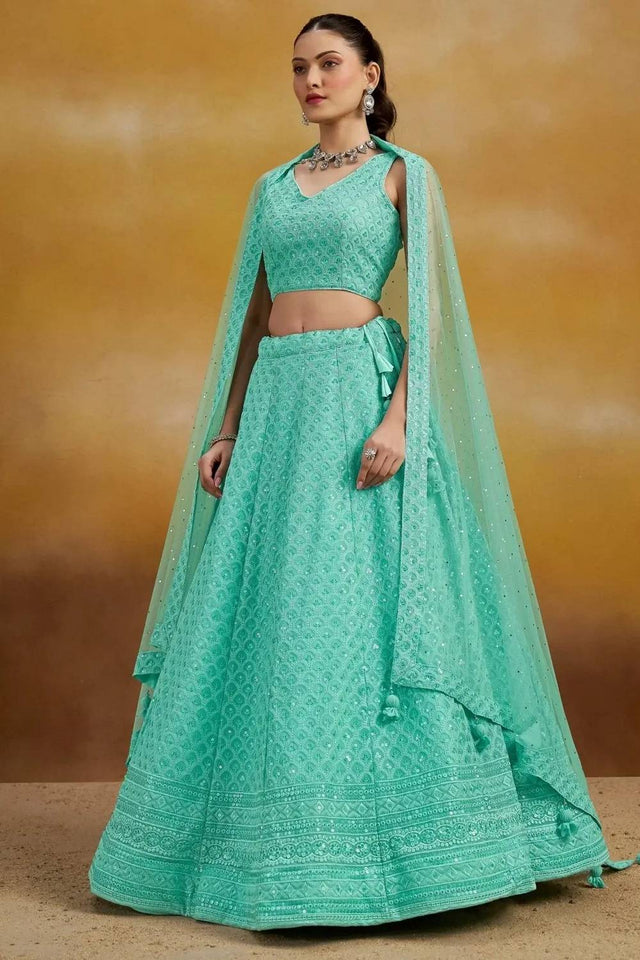 Blue Sequin With Embroidered Georgette Lehenga