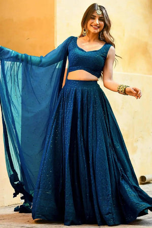 Blue Sequin With Embroidered Georgette Lehenga