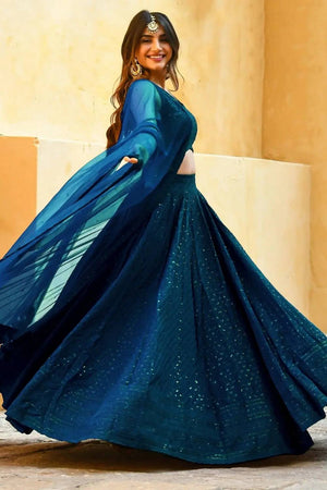 Blue Sequin With Embroidered Georgette Lehenga