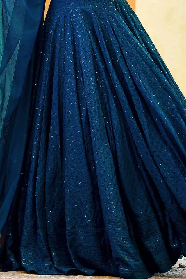 Blue Sequin With Embroidered Georgette Lehenga