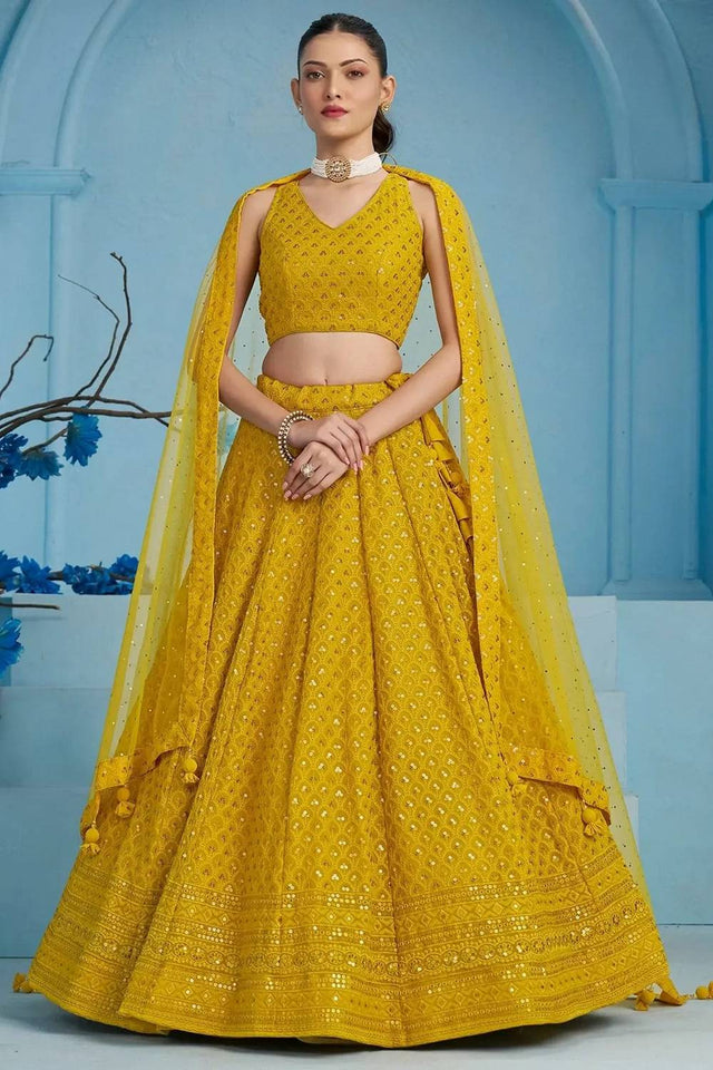 Yellow Sequin With Embroidered Georgette Lehenga