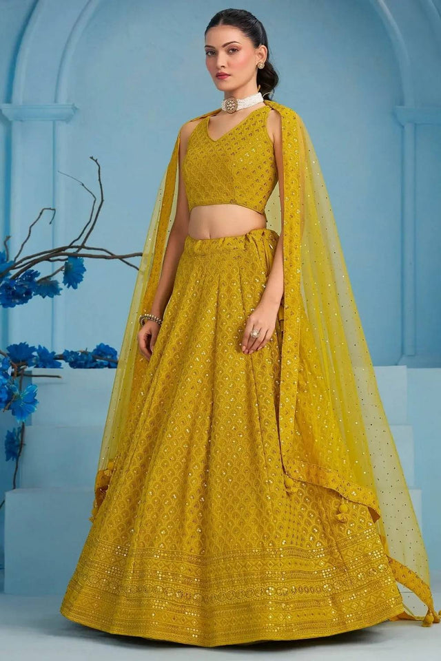 Yellow Sequin With Embroidered Georgette Lehenga
