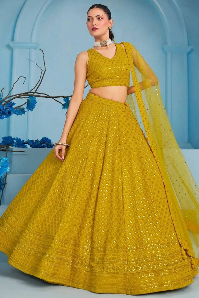 Yellow Sequin With Embroidered Georgette Lehenga