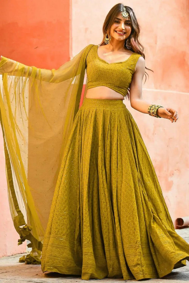 Yellow Sequin With Embroidered Georgette Lehenga